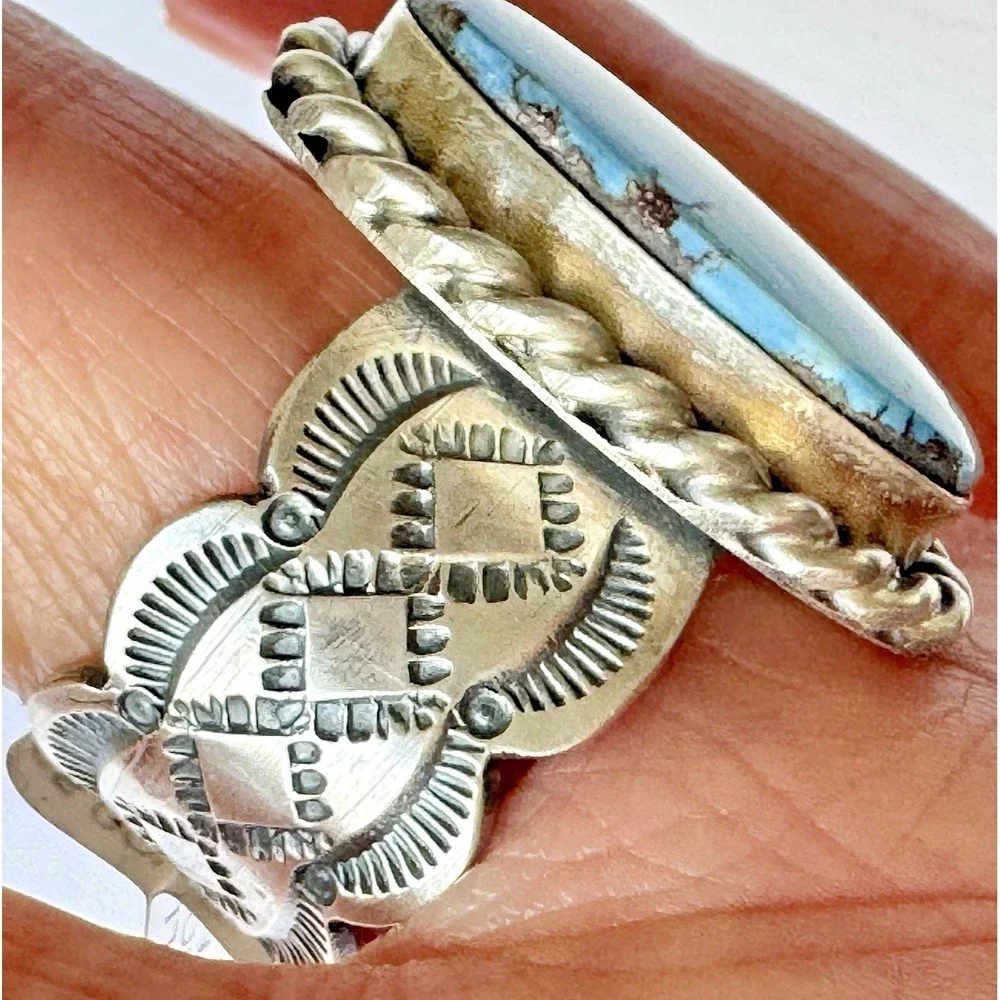 Navajo Mens Turquoise Ring Golden Hills Blue Sz 12 Signed Tillie Jon Sterling